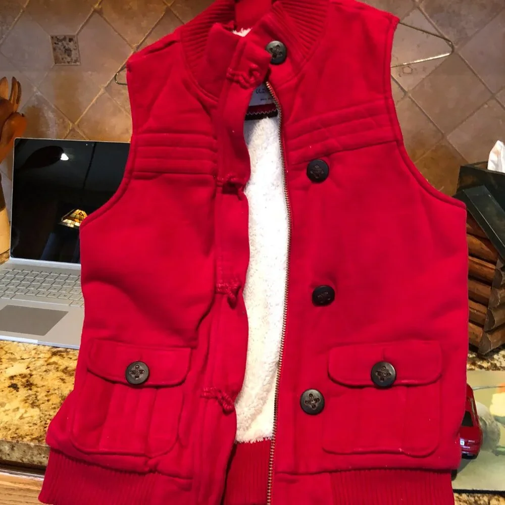 Old Navy Girls Fleece Lined Vest Zipper & Toggle Zip Button Red Small